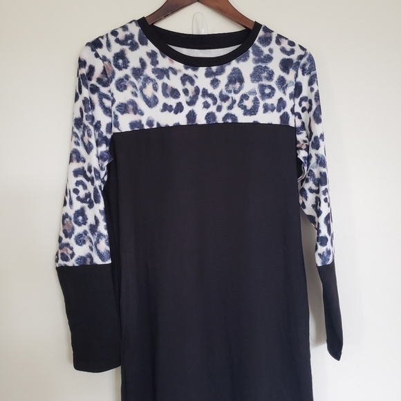 Boutique Black and Leopard Print Long Sleeve Sweatshirt Dress Tunic Size Small - Picture 2 of 7
